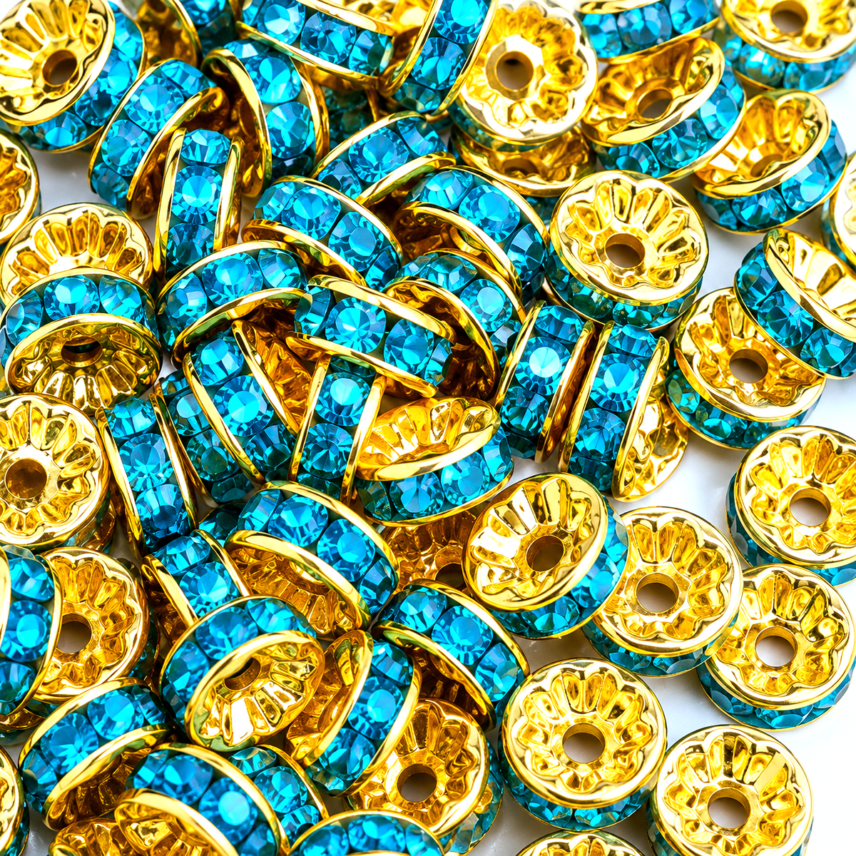 8mm Sky Blue Rhinestone Rondelle Spacer Beads - Gold Plated