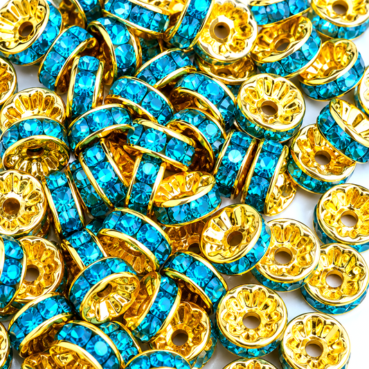 8mm Sky Blue Rhinestone Rondelle Spacer Beads - Gold Plated