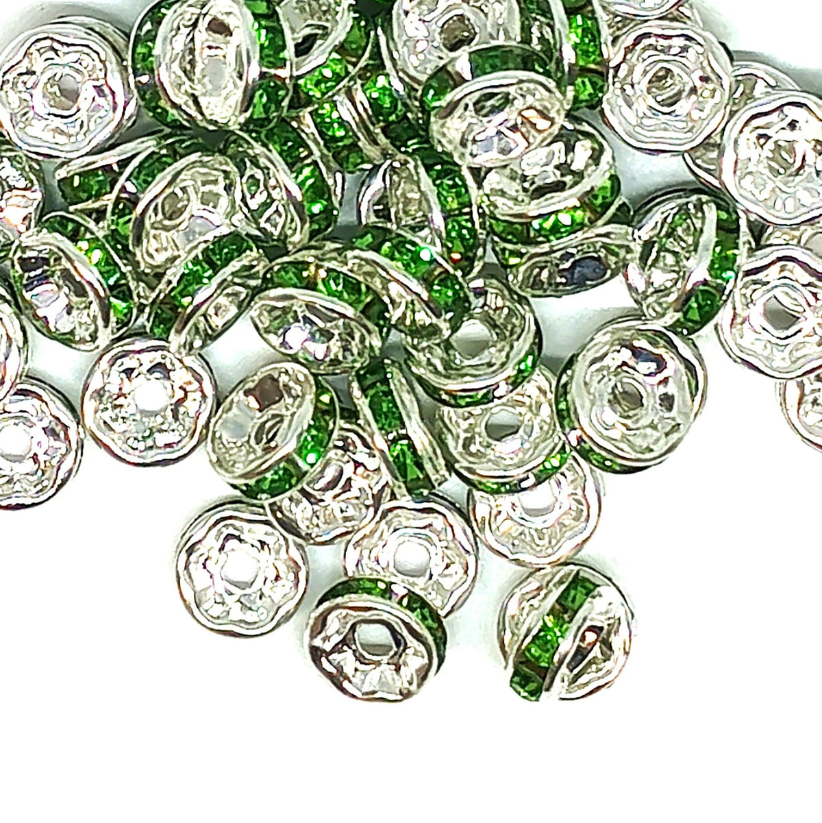 8mm Green Rhinestone Rondelle Spacer Beads - Silver Plated