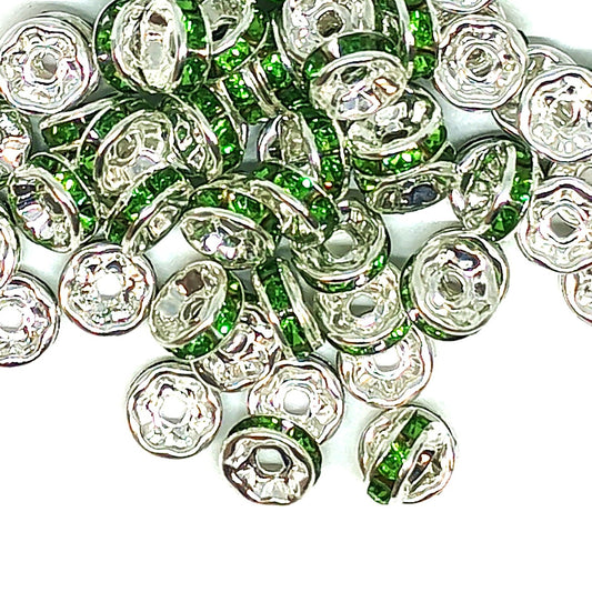 8mm Green Rhinestone Rondelle Spacer Beads - Silver Plated