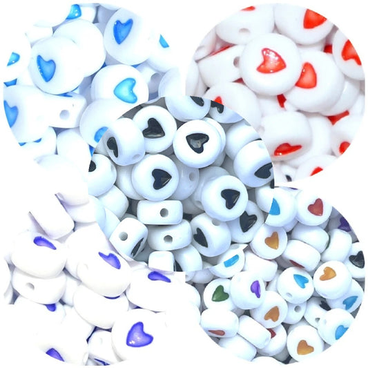7x4mm Heart Print Acrylic Flat Round Beads in Various Colours