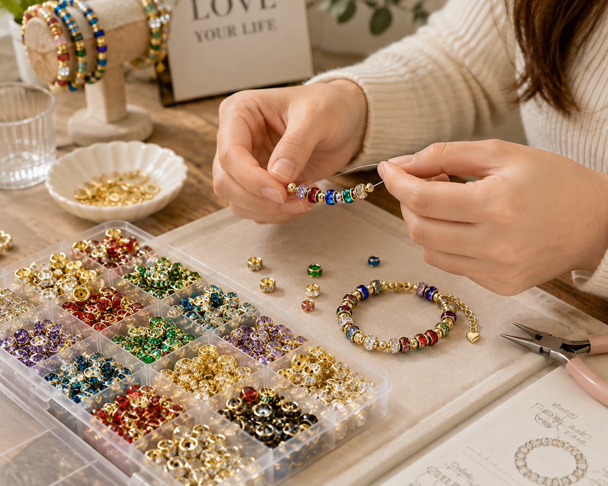 8mm Multicoloured Rhinestone Rondelle Spacer Beads - Gold Plated