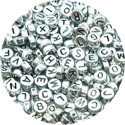 7x4mm Silver Flat Round Acrylic Alphabet Beads - Single & Mixed Letters