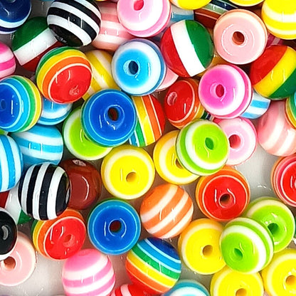 8mm Solid Colour Striped Round Resin Beads