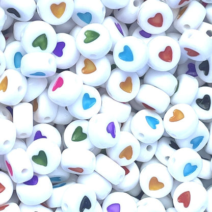 7x4mm Heart Print Acrylic Flat Round Beads in Various Colours