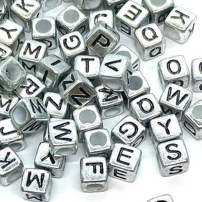 6mm Silver Cube Acrylic Alphabet Beads - Single & Mixed Letters