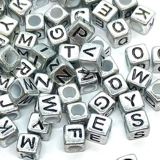 6mm Silver Cube Acrylic Alphabet Beads - Single & Mixed Letters