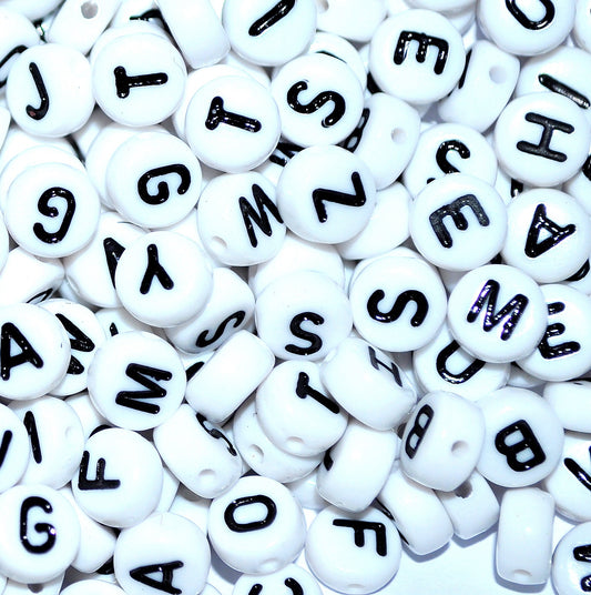 100 x 7mm white FLAT ROUND single & mixed alphabets / letters acrylic beads