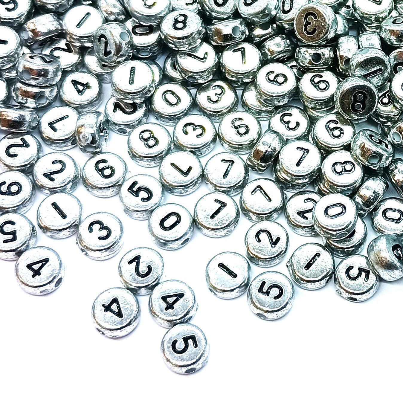 7mm Silver Round Numbers Beads