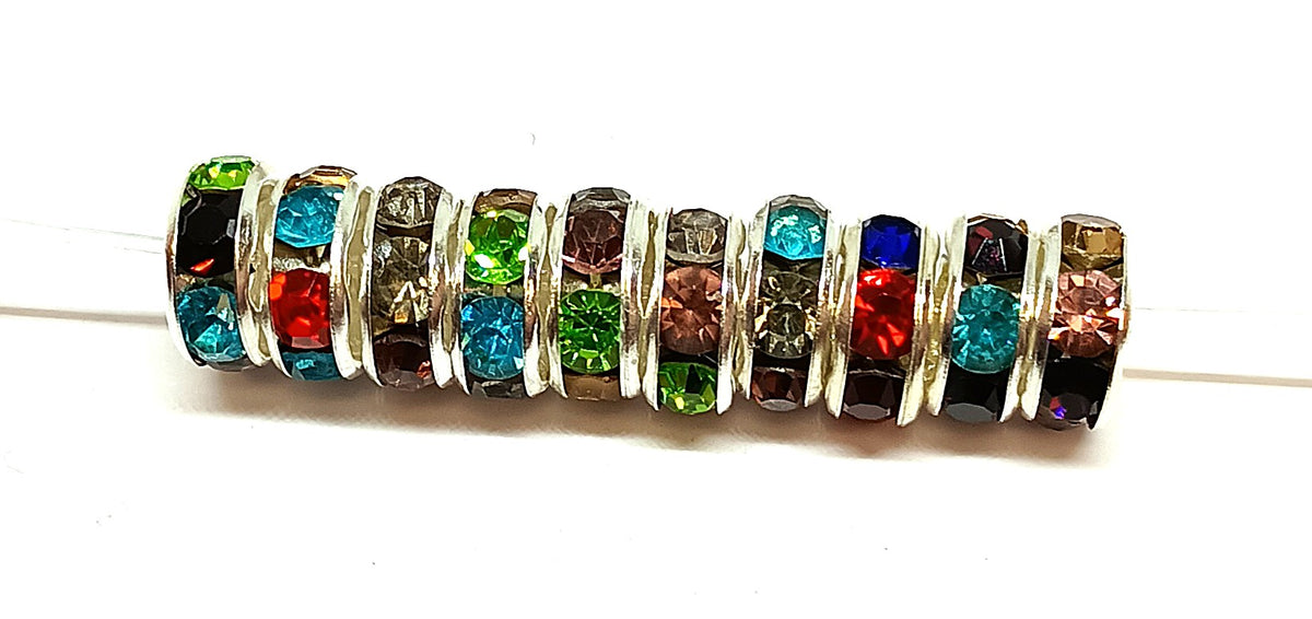 8mm Multicoloured Stones Rhinestone Rondelle Spacer Beads - Silver Plated