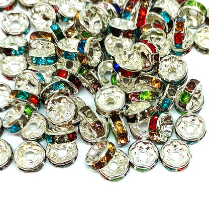 8mm Multicoloured Stones Rhinestone Rondelle Spacer Beads - Silver Plated