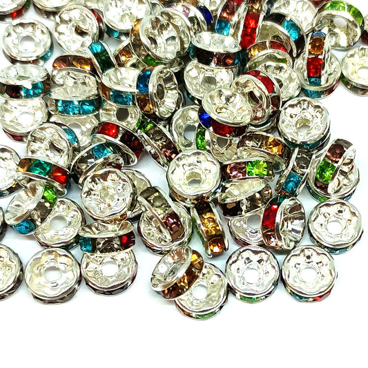 8mm Multicoloured Stones Rhinestone Rondelle Spacer Beads - Silver Plated