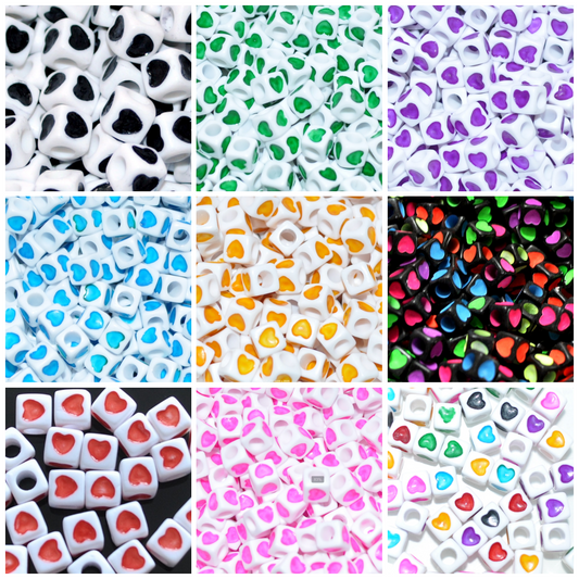 7mm Multicolour Heart Print White Acrylic Cube Beads