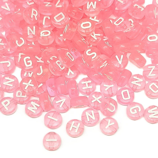 7mm Flat Round Transparent Acrylic Alphabet Beads - Pink