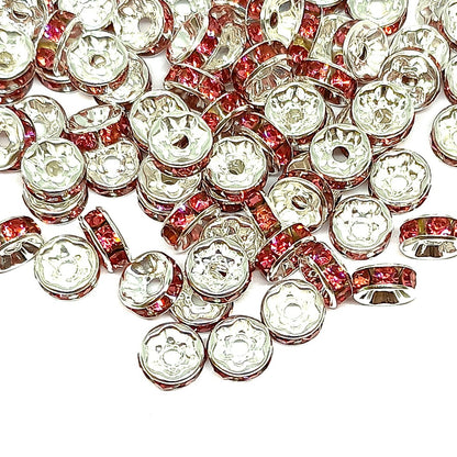 8mm Rose Pink Rhinestone Rondelle Spacer Beads - Silver Plated