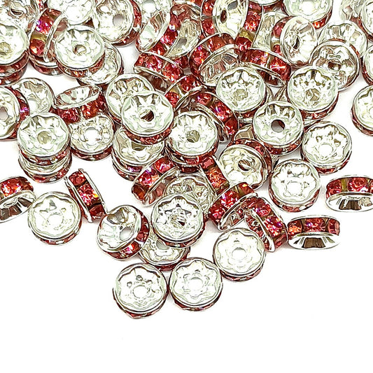 8mm Rose Pink Rhinestone Rondelle Spacer Beads - Silver Plated