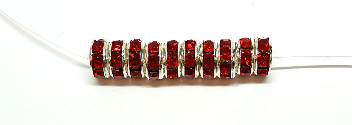 8mm Red Rhinestone Rondelle Spacer Beads - Silver Plated