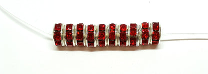 8mm Red Rhinestone Rondelle Spacer Beads - Silver Plated
