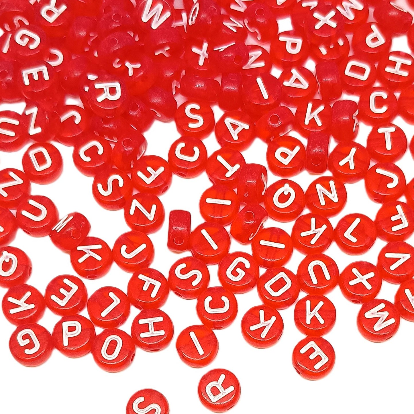 7mm Flat Round Transparent Acrylic Alphabet Beads - Red