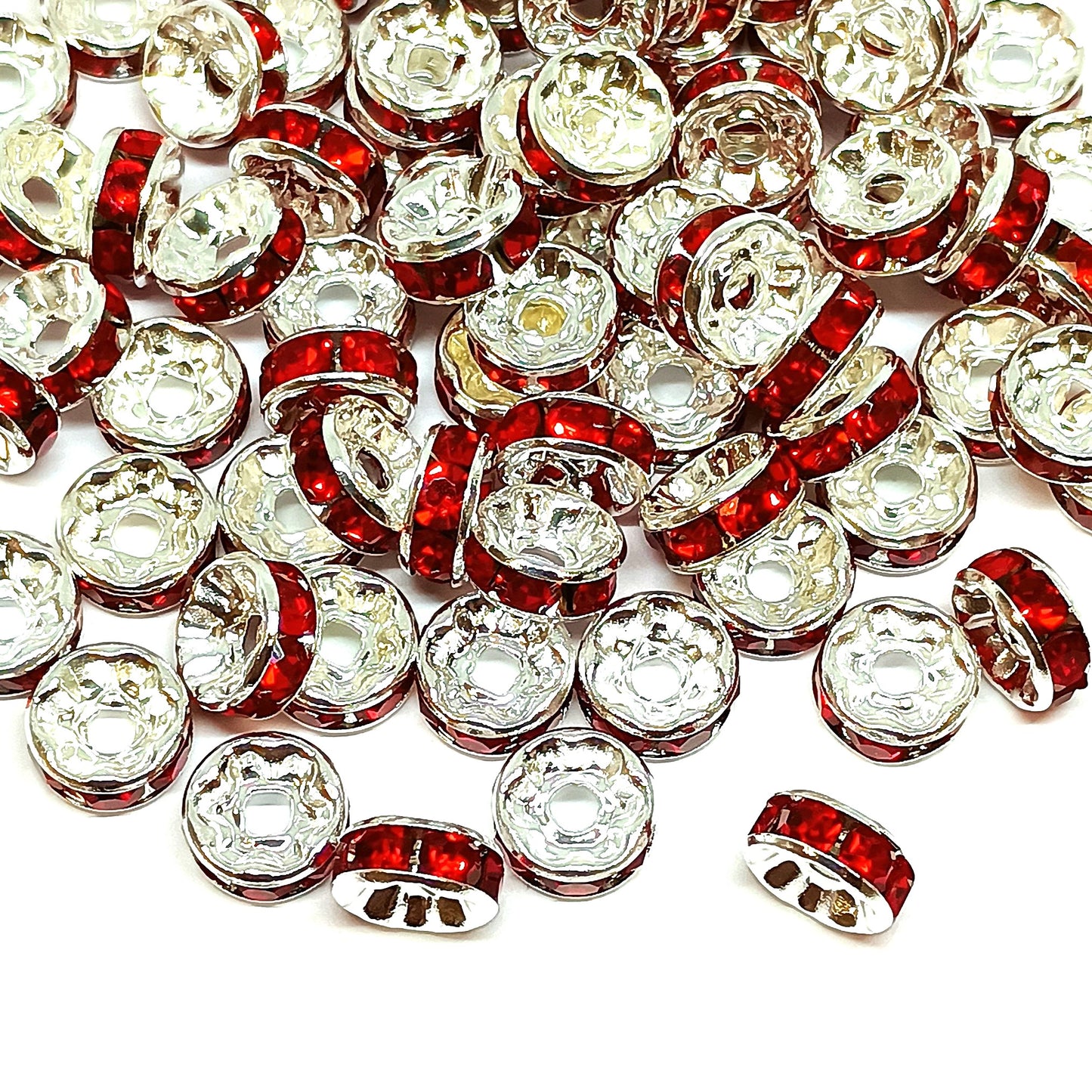 8mm Red Rhinestone Rondelle Spacer Beads - Silver Plated