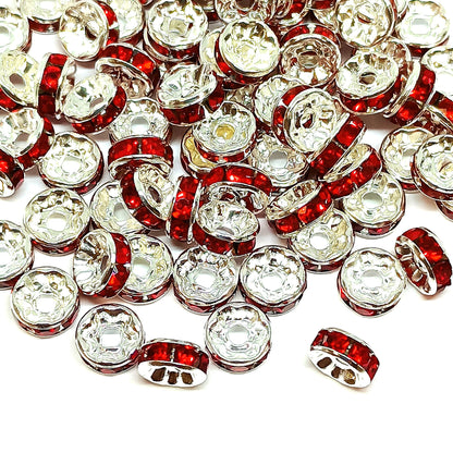 8mm Red Rhinestone Rondelle Spacer Beads - Silver Plated