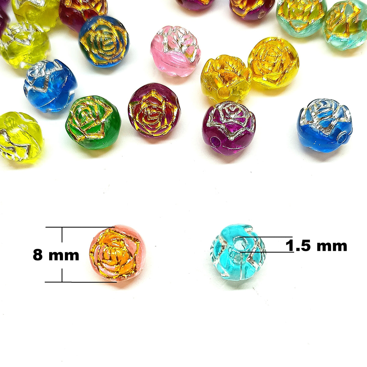 8mm Round Rose Acrylic Beads with Silver Detail - Dark Green