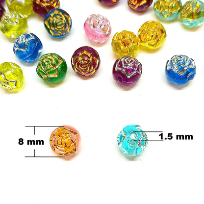 8mm Round Rose Acrylic Beads with Silver Detail - Dark Green