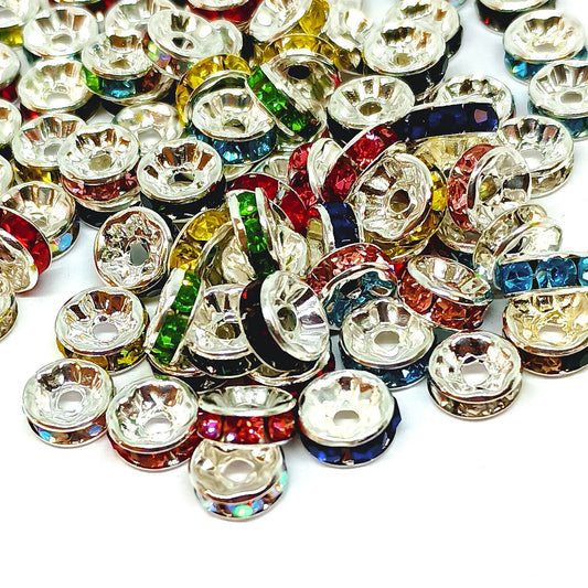 8mm Mixed Colour Rhinestone Rondelle Spacer Beads - Silver Plated