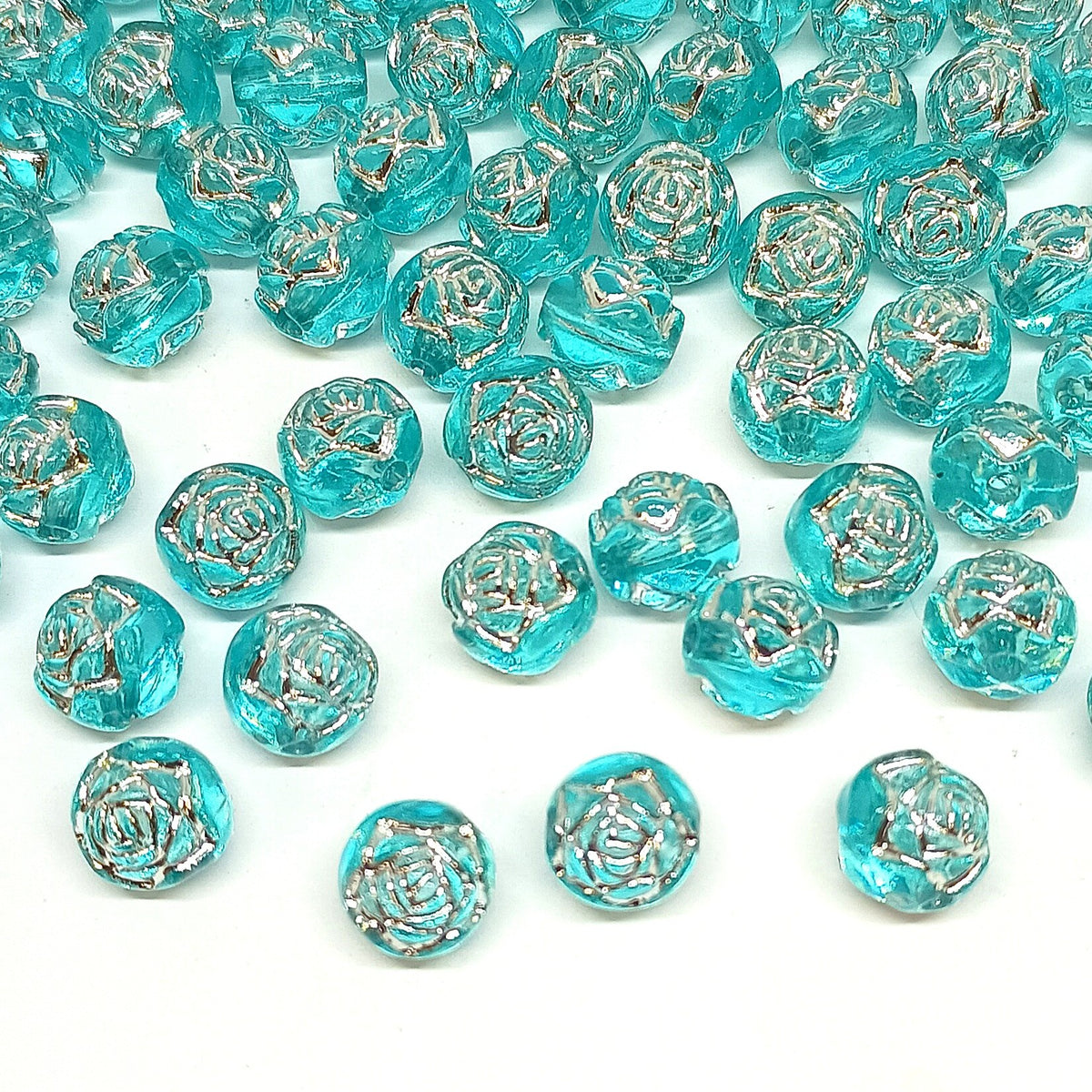 8mm Round Rose Acrylic Beads with Silver Detail - Blue