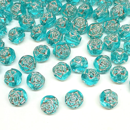 8mm Round Rose Acrylic Beads with Silver Detail - Blue