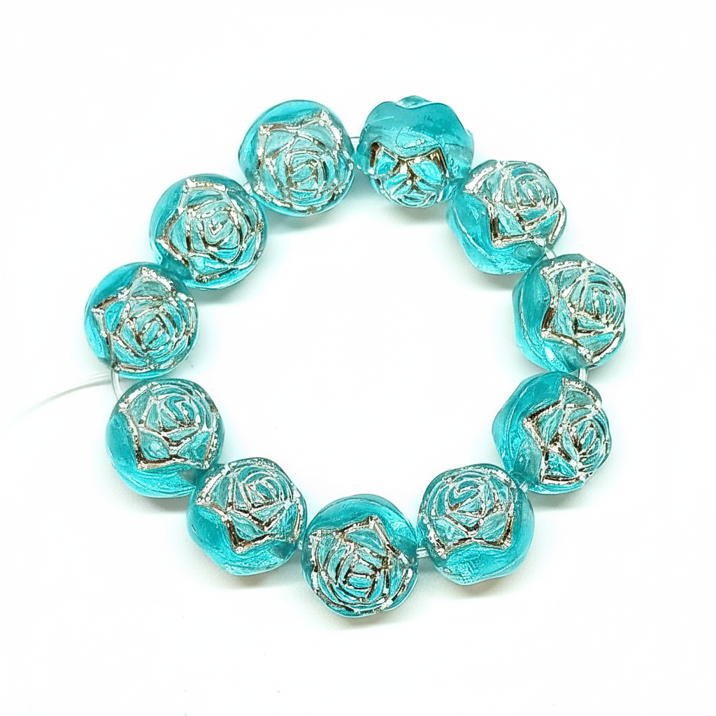 8mm Round Rose Acrylic Beads with Silver Detail - Blue