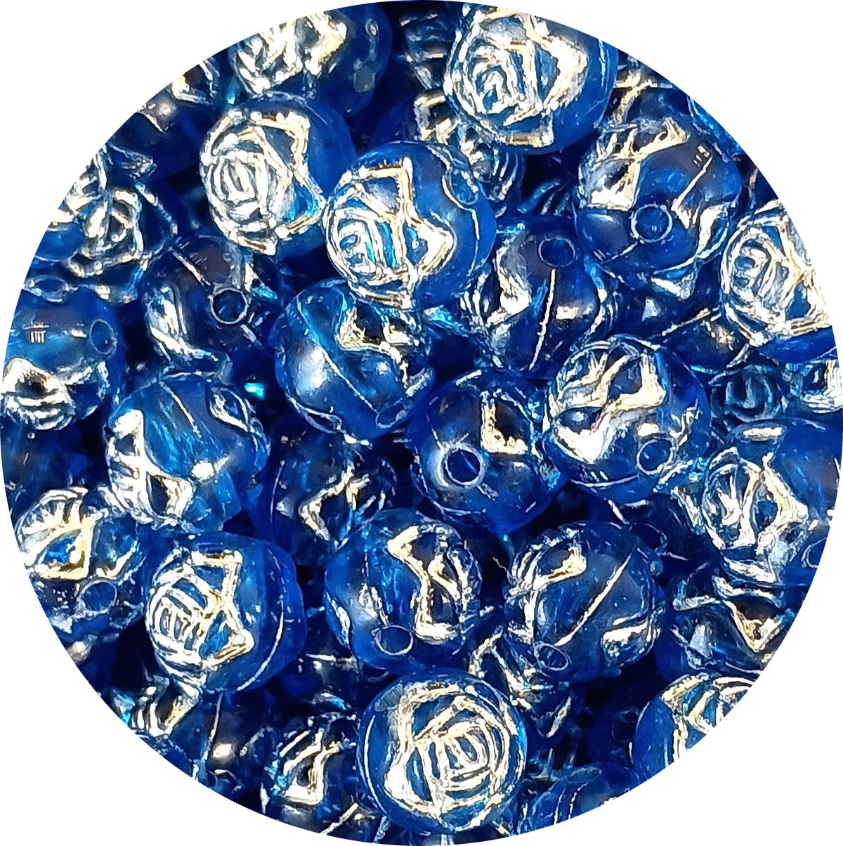 8mm Round Rose Acrylic Beads with Silver Detail - Dark Blue