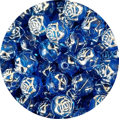 8mm Round Rose Acrylic Beads with Silver Detail - Dark Blue