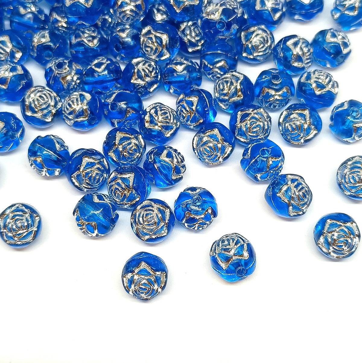 8mm Round Rose Acrylic Beads with Silver Detail - Dark Blue