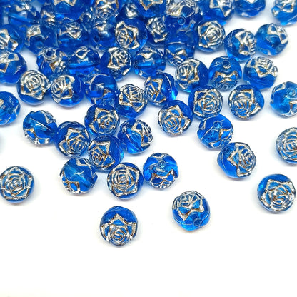 8mm Round Rose Acrylic Beads with Silver Detail - Dark Blue