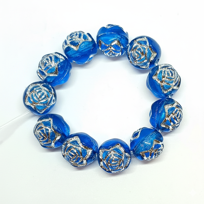 8mm Round Rose Acrylic Beads with Silver Detail - Dark Blue
