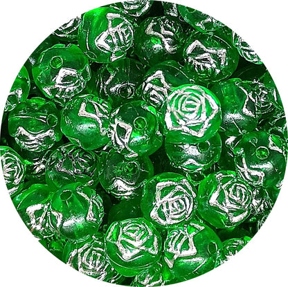 8mm Round Rose Acrylic Beads with Silver Detail - Dark Green