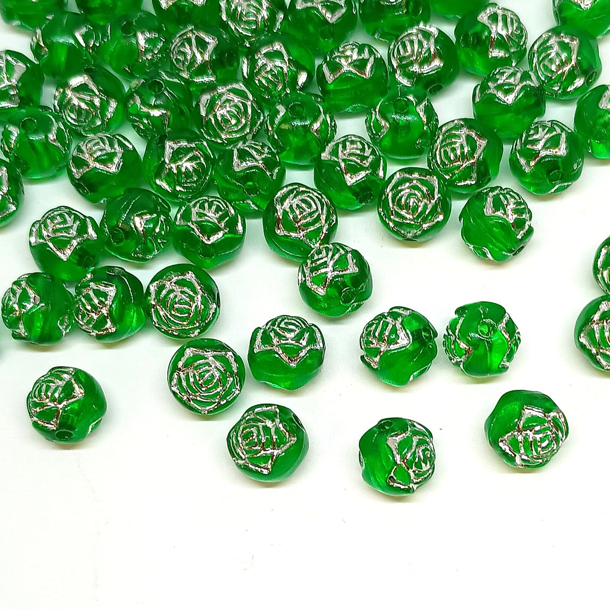 8mm Round Rose Acrylic Beads with Silver Detail - Dark Green