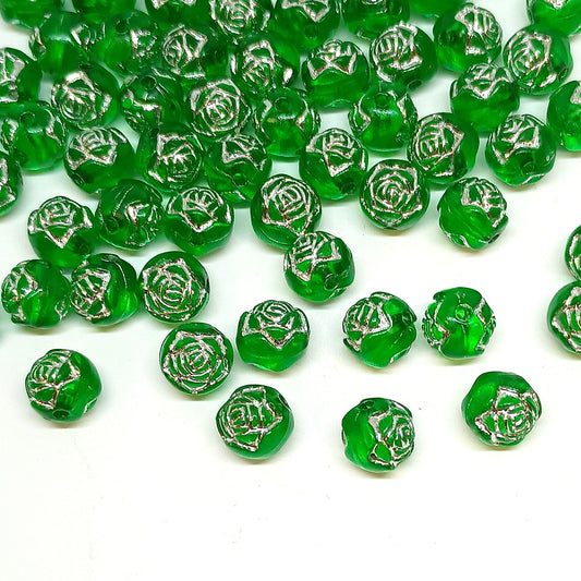 8mm Round Rose Acrylic Beads with Silver Detail - Dark Green