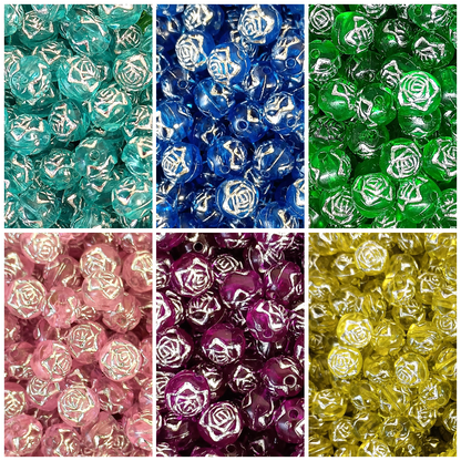 8mm Round Rose Acrylic Beads with Silver Detail - Multicoloured