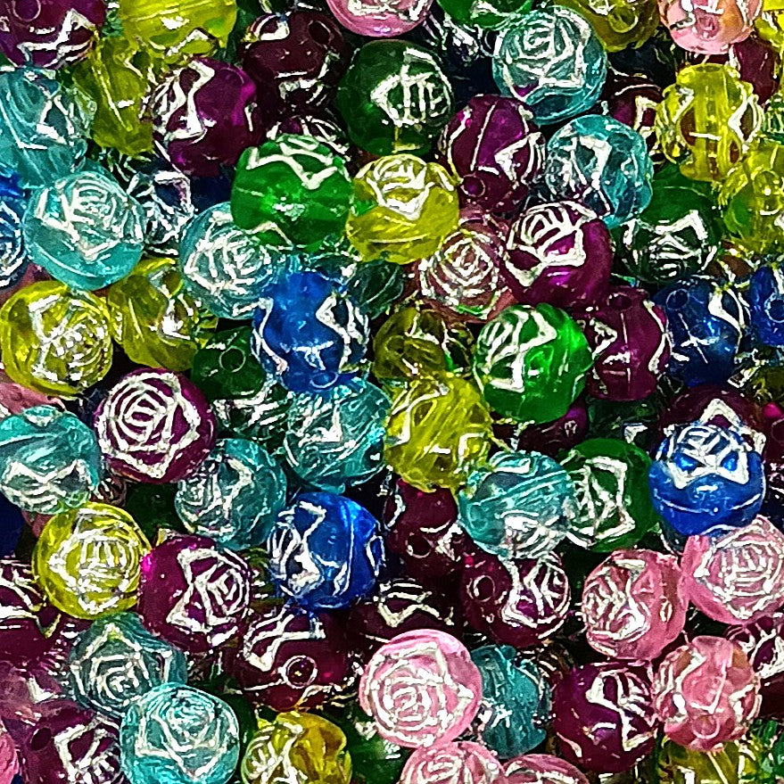 8mm Round Rose Acrylic Beads with Silver Detail - Multicoloured