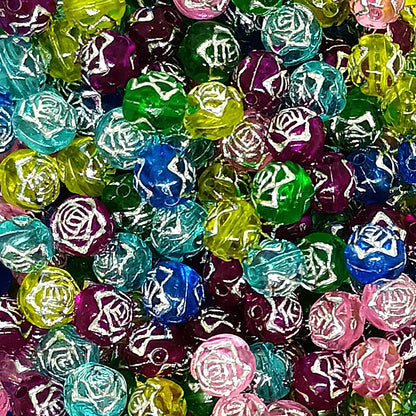 8mm Round Rose Acrylic Beads with Silver Detail - Multicoloured