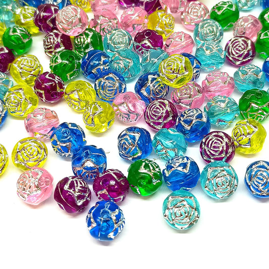 8mm Round Rose Acrylic Beads with Silver Detail - Multicoloured