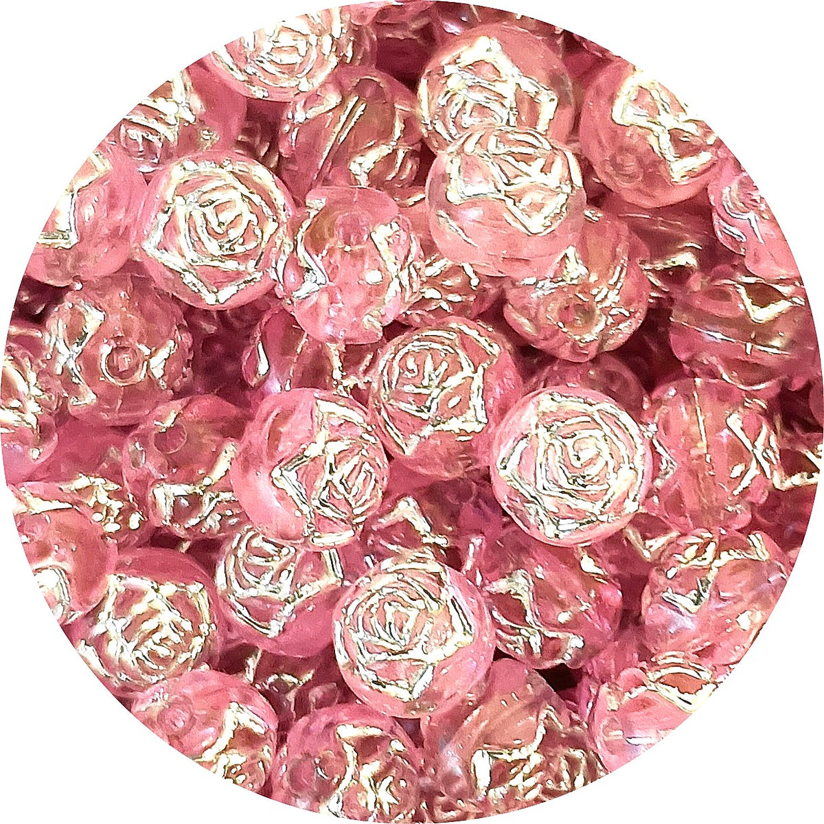 8mm Round Rose Acrylic Beads with Silver Detail - Pink