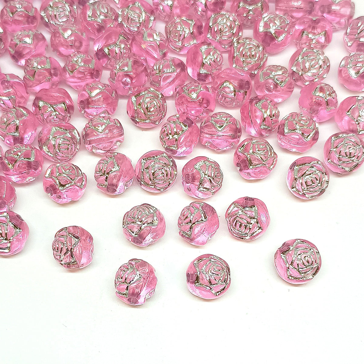 8mm Round Rose Acrylic Beads with Silver Detail - Pink