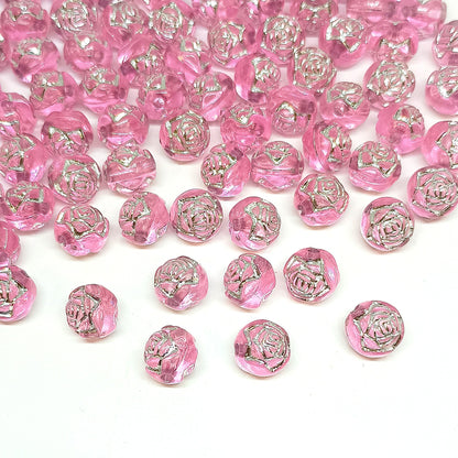 8mm Round Rose Acrylic Beads with Silver Detail - Pink