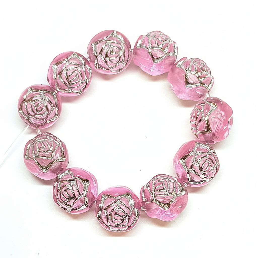 8mm Round Rose Acrylic Beads with Silver Detail - Pink
