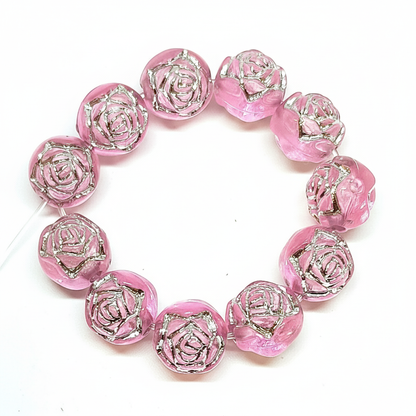 8mm Round Rose Acrylic Beads with Silver Detail - Pink