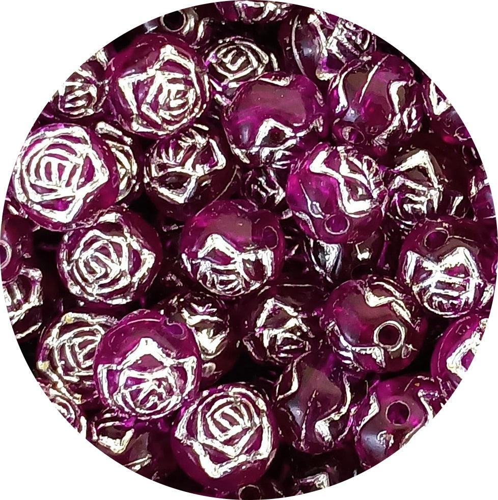 8mm Round Rose Acrylic Beads with Silver Detail - Burgundy Purple