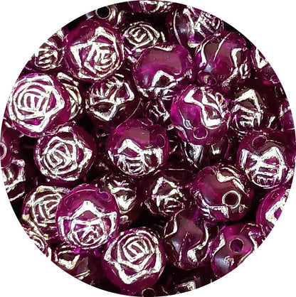 8mm Round Rose Acrylic Beads with Silver Detail - Burgundy Purple